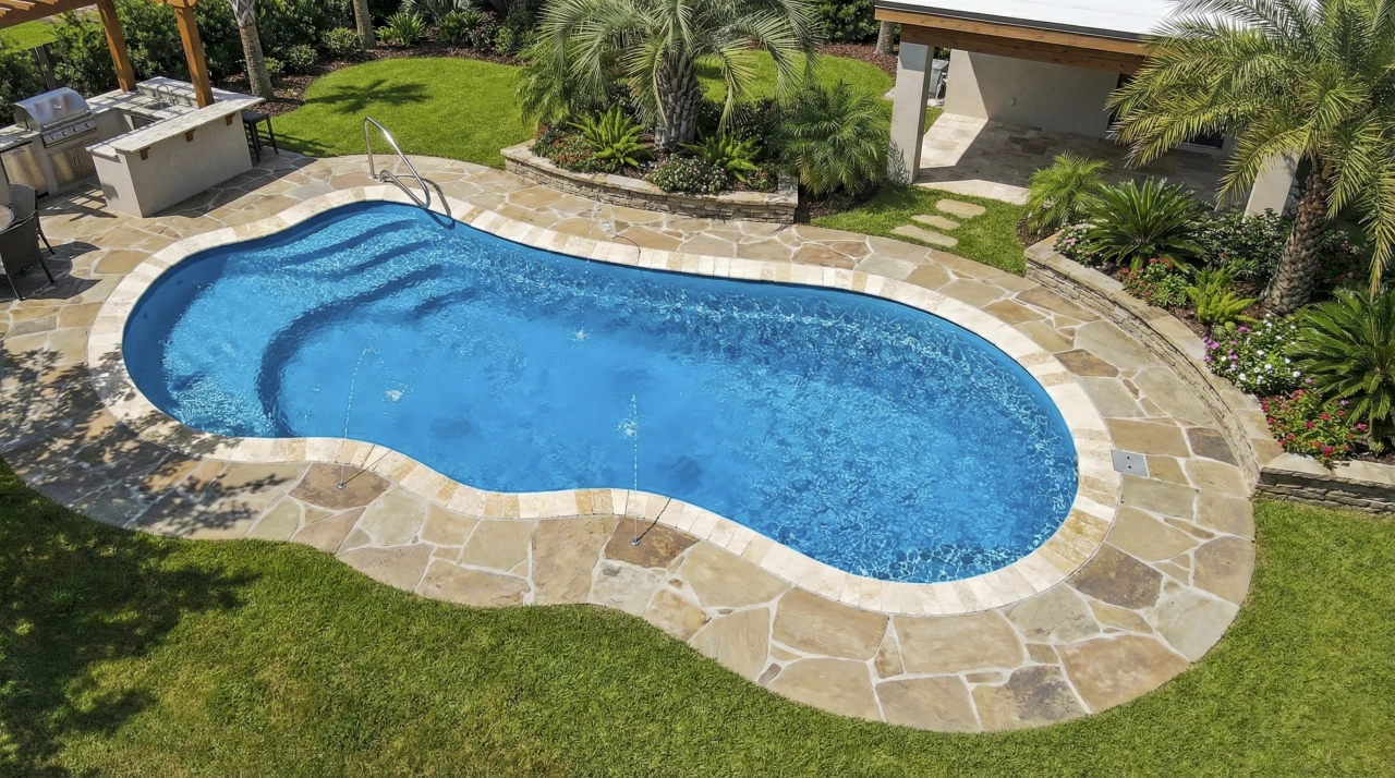 Fiberglass swimming pool designed for outdoor living