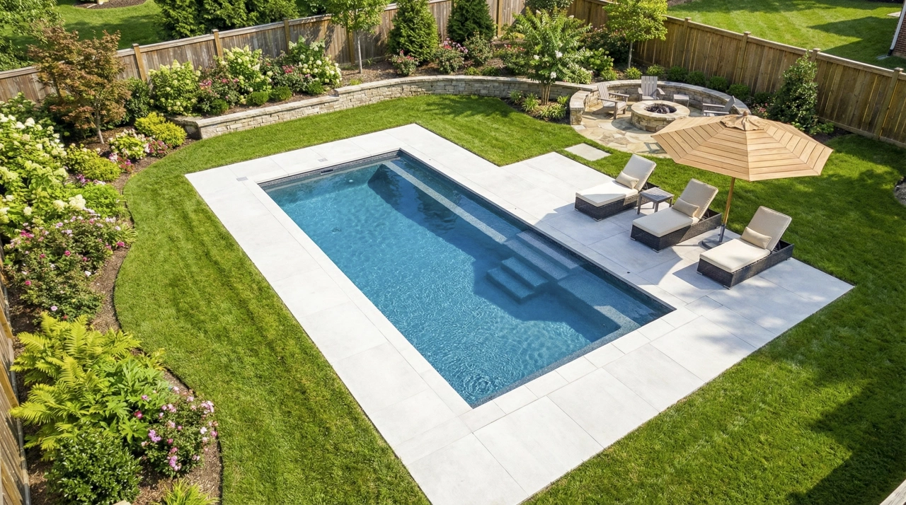 Fiberglass swimming pool in a completed backyard