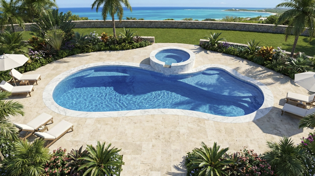 Finished fiberglass pool integrated into a Colorado backyard